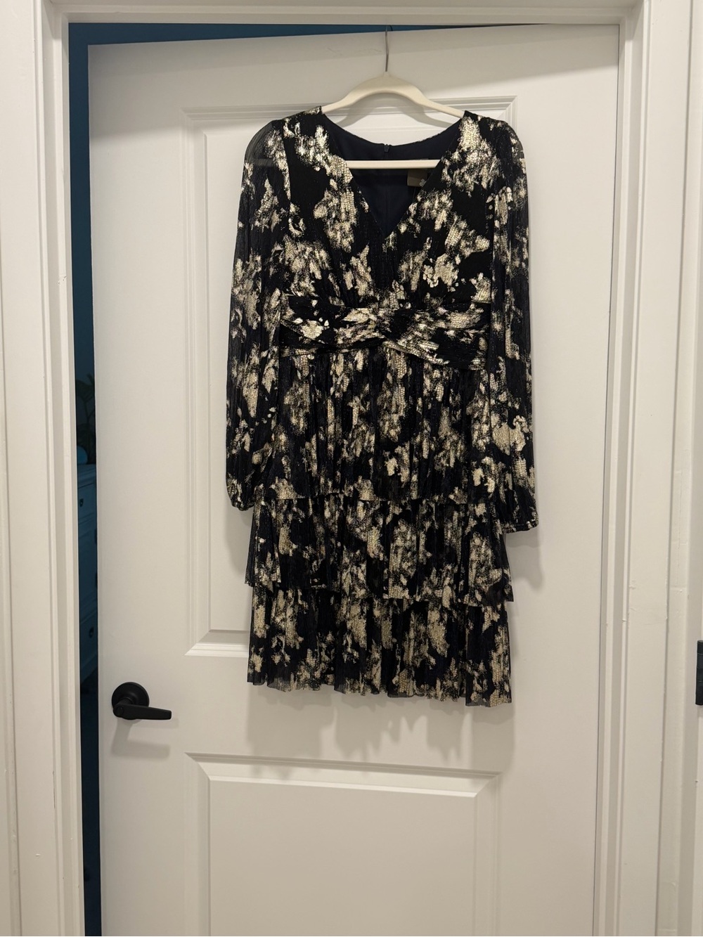 Layered Deep Navy Blue & Gold Dress with Abstract Print Long Sleeves Sz 6 NWT